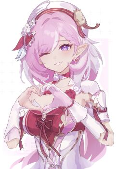 1girl ;) beret breasts cleavage commentary earrings elf elysia_(hi_love_elf)_(honkai_impact) elysia_(honkai_impact) four-finger_heart_hands gloves hat heart heart_earrings heart_hands highres honkai_(series) honkai_impact_3rd jewelry large_breasts long_hair looking_at_viewer one_eye_closed pink_hair pointy_ears purple_eyes single_glove smile solo suwa_(swk_kkk) symbol-only_commentary very_long_hair white_background white_gloves