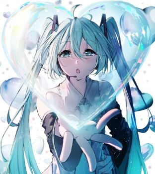 Rule 34 | 1girl, aqua eyes, aqua hair, aqua necktie, bare shoulders, black sleeves, blue eyes, blue hair, commentary, commentary request, detached sleeves, english commentary, grey shirt, hair between eyes, hatsune miku, headphones, headset, heart, heart bubbles, highres, long hair, looking at viewer, masii1120, mixed-language commentary, necktie, open mouth, parted lips, shirt, sleeveless, sleeveless shirt, solo, twintails, very long hair, vocaloid