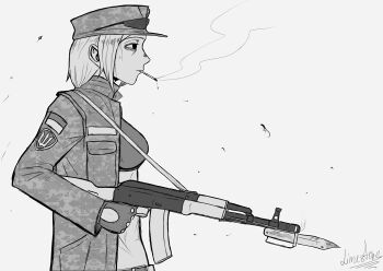 Rule 34 | 1girl, abs, absurdres, ak-74, assault rifle, bags under eyes, bayonet, belt, breast pocket, camouflage, camouflage jacket, cigarette, crop top, digital camouflage, finger on trigger, greyscale, gun, hat, highres, holding, holding gun, holding weapon, jacket, kalashnikov rifle, limestone (artist), marichka, military, military uniform, monochrome, narrowed eyes, open clothes, open jacket, original, peaked cap, pocket, rifle, russo-ukrainian war, short hair, signature, smoke, smoking, smoking barrel, soldier, solo, tryzub, ukrainian flag, weapon