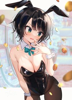 Rule 34 | 1girl, @ @, absurdres, animal ear hairband, animal ears, aqua bow, aqua bowtie, black hair, black leotard, black pantyhose, blurry, bow, bowtie, breasts, cleavage, coin, collarbone, commentary, detached collar, embarrassed, fake animal ears, glint, groin, hairband, hand on own thigh, highres, hololive, leotard, looking to the side, oozora subaru, pantyhose, playboy bunny, rabbit ear hairband, rabbit ears, rei toba, short hair, solo, virtual youtuber, wavy mouth, white wrist cuffs, wrist cuffs