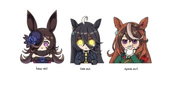 Rule 34 | 3girls, ahoge, aiguillette, animal ears, ascot, bare shoulders, black coat, black gloves, black hair, black shirt, blue flower, blue rose, blush, brown hair, cape, chibi, closed mouth, coat, collared shirt, commentary, dress, ear tag, earrings, english commentary, english text, epaulettes, flipped hair, flower, frown, fur choker, gloves, glowing, glowing eyes, green jacket, grin, hair between eyes, hair over one eye, hat, hat flower, horse ears, horse girl, jacket, jewelry, lili (lilistration), long bangs, long hair, long hair between eyes, long sleeves, looking at viewer, manhattan cafe (creeping shadow) (umamusume), manhattan cafe (umamusume), medal, multicolored hair, multiple girls, necktie, off-shoulder dress, off shoulder, open mouth, purple eyes, red cape, rice shower (rosy dreams) (umamusume), rice shower (umamusume), rose, shirt, side cape, simple background, single earring, single epaulette, smile, streaked hair, symboli rudolf (emperor's path) (umamusume), symboli rudolf (umamusume), teeth, three monkeys, tilted headwear, umamusume, white ascot, white gloves, white hair, yellow eyes, yellow necktie