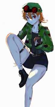Rule 34 | 1boy, atarinke5, bandaged ear, bandaged leg, bandages, belt, beret, black boots, bomb, boots, brown belt, bruise, bruise on leg, explosive, goggles, goggles on headwear, green jacket, hair between eyes, happy tree friends, hat, holding, holding bomb, humanization, injury, jacket, legband, military jacket, mouse ka-boom (happy tree friends), orange hair, red-tinted eyewear, red eyes, scar, scar on leg, shorts, simple background, solo, tinted eyewear