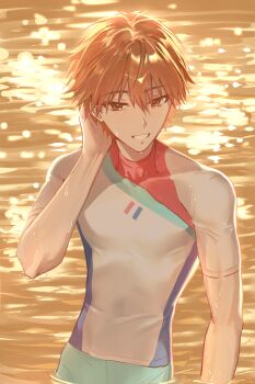 1boy absurdres blue_swim_trunks brown_eyes brown_hair celeb_summer_experience! collarbone commentary_request fate/grand_order fate_(series) highres in_water kishinami_hakuno_(male) looking_at_viewer male_focus multicolored_swimsuit muneomon_(takomon) shirt short_hair short_sleeves smile swimsuit turtleneck turtleneck_shirt wet white_shirt