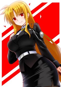 1girl arm_at_side black_jacket black_skirt blonde_hair border breasts closed_mouth collared_shirt commentary_request cowboy_shot engo_(aquawatery) fate_testarossa formal_clothes from_below hand_up jacket jpeg_artifacts large_breasts long_hair looking_at_viewer looking_down loving_aura lyrical_nanoha mahou_shoujo_lyrical_nanoha outside_border parted_bangs pencil_skirt red_background red_eyes shirt skirt skirt_suit smile solo standing straight_hair suit suit_jacket two-tone_background very_long_hair white_border white_shirt