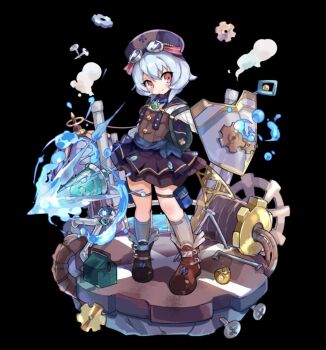 1girl belt black_background blue_hair blue_sash blush bob_cut boots breasts brown_boots brown_skirt closed_mouth full_body gears goggles goggles_on_headwear grey_socks hat head_tilt highres holding holding_polearm holding_shield holding_weapon merc_storia merc_storia_art_team miniskirt motion_lines official_art pleated_skirt polearm pouch purple_hat red_eyes sash schua_(merc_storia) shield shirt short_hair simple_background skirt small_breasts smile smoke socks solo standing tachi-e thigh_belt thigh_pouch thigh_strap tsurime underbust water weapon white_shirt