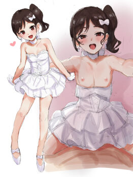 1girl :d ata_(tsumari) black_hair blush bow brown_eyes choker covered_penetration dress flat_chest hair_bow heart hetero highres leaning_forward loli multiple_views nipples open_mouth original pov short_dress side_ponytail smile strapless strapless_dress white_bow white_choker white_dress