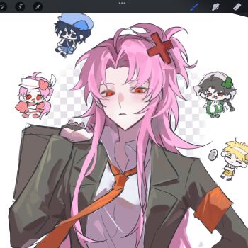 Rule 34 | ..., 5boys, ahoge, alternate costume, amulet clover, amulet clover (cosplay), amulet dia, amulet dia (cosplay), amulet heart, amulet heart (cosplay), amulet spade, amulet spade (cosplay), armband, art program in frame, atou haruki, black bag, black jacket, blonde hair, blue hair, blue hat, braid, brown hair, chibi, chinese commentary, closed eyes, closed mouth, collared shirt, commentary request, cosplay, cross hair ornament, dark blue hair, dita iliner, frown, hair ornament, harada minoru, hat, hatsutori hajime, highres, hinamori amu, hinamori amu (cosplay), jacket, kagekooo, long hair, male focus, multiple boys, open clothes, open collar, open jacket, parted bangs, parted lips, pink hair, procreate (medium), procreate (software), red armband, red eyes, saibou shinkyoku, shirt, short hair, shugo chara!, side braid, single braid, spoken ellipsis, upper body, utsugi noriyuki, white shirt