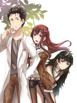 1boy 2girls absurdres arm_belt arms_behind_back beard_stubble blush brown_jacket brown_pants collar commentary_request dress_shirt facial_hair floating_hair floating_neckwear green_collar grey_shirt highres hiyajou_maho jacket jacket_over_dress jacket_partially_removed lab_coat leaning_to_the_side mady_(madine08260) makise_kurisu multiple_girls nervous_sweating okabe_rintarou open_mouth pants pantyhose science_adventure shirt shorts smile steins;gate steins;gate_0 stubble sweat