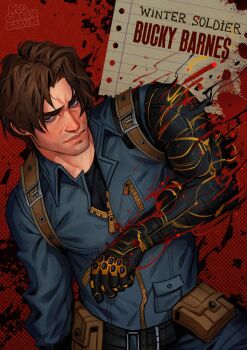 1boy absurdres artist_name belt black_belt blue_eyes blue_jumpsuit brown_hair bucky_barnes captain_america_(series) character_name cyborg facial_hair highres jumpsuit looking_at_viewer male_focus marvel marvel_rivals mechanical_arms official_alternate_costume parted_hair prosthesis prosthetic_arm red_background redgreengoblin short_hair single_mechanical_arm solo stubble thunderbolts_(movie) upper_body winter_soldier zipper