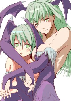 1boy 1girl animal_print bare_shoulders bat_print bat_wings breasts bridal_gauntlets capcom cleavage crossdressing demon_girl elbow_gloves fang femdom fingerless_gloves gloves green_eyes green_hair head_wings hetero highres hug incest large_breasts leotard long_hair mature_female morrigan_aensland mother_and_son multiple_girls open_mouth pantyhose print_pantyhose purple_wings short_hair shota smile son teresa007 trap darkstalkers wings