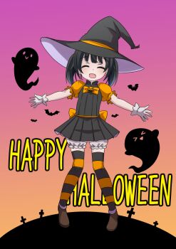 1girl bat black_hair child closed_eyes dress english_text facing_viewer female_focus ghost gia_(abab0707) gloves halloween halloween_costume happy happy_halloween hat highres open_mouth original shoes short_hair standing striped_clothes striped_thighhighs sunset thighhighs twintails witch_hat