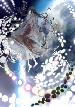 Rule 34 | 2girls, absurdres, barefoot, bow (weapon), braid, brown hair, danmaku, earth (planet), frilled skirt, frilled sleeves, frills, grey hair, highres, holding, holding bow (weapon), holding weapon, houraisan kaguya, long hair, long sleeves, multiple girls, pink shirt, planet, red skirt, sesmkun, shirt, single braid, skirt, solo focus, space, toes, touhou, very long hair, weapon, wide sleeves, yagokoro eirin