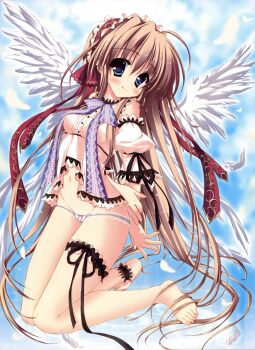 1girl absurdres ahoge angel ankle_garter anklet barefoot blue_eyes blurry blush feathers feet female_focus frilled_thigh_strap highres hinamatsuri_touko jewelry long_hair navel original panties smile solo thigh_strap underwear very_long_hair white_panties wings