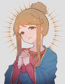 1girl brown_eyes brown_hair cosplay grin hair_bun halo halo_behind_head highres idolmaster idolmaster_million_live! iori_(mu_tairiku_iori) long_sleeves looking_at_viewer own_hands_clasped own_hands_together red_shirt shirt sidelocks single_hair_bun smile solo tenkuubashi_tomoka upper_body virgin_mary virgin_mary_(cosplay)