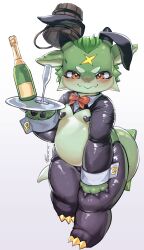 Rule 34 | 1boy, absurdres, animal ears, black horns, blush, bow, bowtie, bucket, bucket on head, champagne bottle, champagne flute, claws, closed mouth, colored skin, crossdressing, cup, dated, drinking glass, fake animal ears, frontless outfit, full body, green hair, green skin, green tail, grey pantyhose, heart pasties, highres, holding, holding tray, horns, looking at viewer, male playboy bunny, mars symbol, meme attire, multicolored skin, object on head, orange bow, orange bowtie, orange eyes, original, pantyhose, pasties, plump, rabbit ears, revealing clothes, reverse bunnysuit, reverse outfit, short hair, shrug (clothing), signature, simple background, solo, spiked tail, standing, tail, tajyador, thick arms, thick eyebrows, thick thighs, thighs, trap, tray, two-tone skin, white background