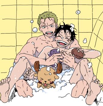 3boys bath bathing bathroom bathtub black_eyes black_hair blush bubble_bath convenient_censoring earrings facial_scar full_body green_hair happy implied_yaoi jewelry male_focus monkey_d._luffy multiple_boys neshogatsu_co one_piece roronoa_zoro same-sex_bathing scar scar_on_cheek scar_on_face shared_bathing short_hair sideburns single_earring smile soap_bubbles soap_censor tony_tony_chopper washing washing_another