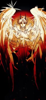 1boy blonde_hair cheon_inho coat commentary crew_neck crossed_arms demon_horns english_commentary feathered_wings full_body glint highres horns index_finger_raised limited_palette male_focus nicayuko omniscient_reader&#039;s_viewpoint open_clothes open_coat popped_collar short_hair sparkle spotlight too_many_eyes white_coat white_wings wings