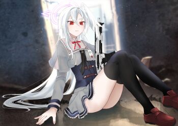 1girl absurdres assault_rifle black_thighhighs blue_archive blurry blurry_background closed_mouth commentary_request full_body grey_hair grey_serafuku gun hair_between_eyes halo head_wings highres id_card loafers long_hair long_sleeves mole mole_under_eye neckerchief purple_halo red_eyes rifle school_uniform serafuku shoes sig_mcx sig_sauer single_head_wing single_wing sitting solo striped_neckerchief suzumi_(blue_archive) tax_(zeita_gundam) thighhighs thighs weapon wings