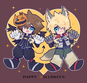 2boys alternate_costume animal_ears animal_hands bat_wings belt black_jacket black_pants black_shoes black_wings blonde_hair blue_belt blue_eyes brown_background brown_hair capelet chibi chibi_only claw_pose claws demon_tail fang fangs full_body gloves green_pants hair_over_one_eye halloween happy_halloween haru_sorara heart highres jacket kemonomimi_mode kingdom_hearts kingdom_hearts_ii long_sleeves male_focus mask mask_on_head multiple_boys official_alternate_costume open_mouth outline pants puffy_pants roxas shoes short_hair sora_(halloween_town)_(kingdom_hearts) sora_(kingdom_hearts) sparkle spiked_hair standing tail white_gloves white_jacket white_outline wings wolf_boy wolf_ears wolf_tail