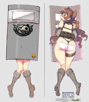 1girl ass ballistic_shield battlefield_(series) battlefield_4 blush boots brown_hair butt_crack dakimakura_(medium) gloves grey_footwear highres knee_boots long_hair looking_back multiple_views namaniku_atk open_mouth panties red_eyes riot_shield shield stuffed_animal stuffed_toy teddy_bear thong twintails underwear whale_tail_(clothing) white_panties