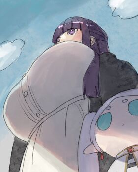 2girls black_coat blue_eyes blue_sky breasts chibi coat dress elf fern_(sousou_no_frieren) frieren from_below grey_hair highres huge_breasts meme multiple_girls noah_(tettsui-sole) open_clothes open_coat pointy_ears purple_eyes purple_hair sky sousou_no_frieren upward_angle_frieren_drawing_(meme) white_dress