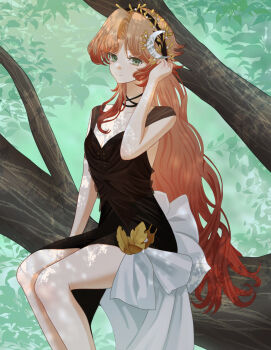 Rule 34 | 1girl, absurdres, adjusting hair, bare arms, bare legs, bare shoulders, black dress, black hairband, breasts, cleavage, closed mouth, commentary, crescent, crescent hair ornament, dress, druvis iii, feet out of frame, green eyes, hair ornament, hairband, hand up, highres, in tree, leaf hair ornament, long dress, long hair, looking at viewer, mana (t5a1il), on branch, orange hair, reverse:1999, side slit, sitting, sitting in tree, sitting on branch, sleeveless, sleeveless dress, smile, solo, tree, tree shade, very long hair