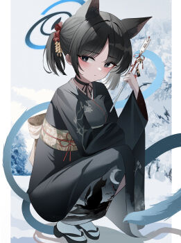 1girl absurdres alternate_costume animal_ears arrow_(projectile) black_eyes black_hair black_kimono blue_archive blue_halo blush cat_ears cat_girl cat_tail commentary extra_ears fake_animal_ears halo highres holding holding_arrow japanese_clothes kikyou_(blue_archive) kimono lunar_(pixiv53683306) multiple_tails ponytail sandals short_hair solo squatting tabi tail two_tails