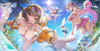 6+girls ahoge anis_(nikke) anis_(sparkling_summer)_(nikke) armpits bad_link beach beach_umbrella bikini bikini_under_clothes black_choker blonde_hair blue_bikini blue_eyes blue_hair braid braided_ponytail breasts brown_hair choker cleavage closed_eyes cloud collarbone day eyewear_on_head flip-flops glasses gloves goddess_of_victory:_nikke green_eyes grey_hair hair_ornament hair_over_shoulder hat helm_(aqua_marine)_(nikke) helm_(nikke) house innertube jewelry large_breasts large_hat lens_flare liter_(guardfish)_(nikke) liter_(nikke) long_hair long_sleeves mary_(bay_goddess)_(nikke) mary_(nikke) midair multicolored_hair multiple_girls navel necklace neon_(blue_ocean)_(nikke) neon_(nikke) non-humanoid_robot ocean official_alternate_costume official_art one-piece_swimsuit open_mouth outdoors palm_tree panorama ponytail rapi_(classic_vacation)_(nikke) rapi_(nikke) robot robot_animal robot_dog sandals see-through_clothes shirt short_hair side-tie_bikini_bottom sidelocks sky smile streaked_hair sun sun_hat swim_ring swimsuit thighs tree umbrella wet wet_clothes wet_shirt white_bikini white_gloves yellow_eyes