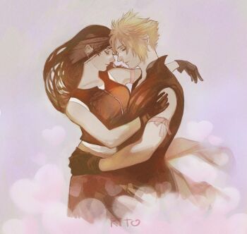 1boy 1girl apron arm_over_shoulder arm_ribbon artist_name bare_shoulders black_gloves black_hair black_pants black_shirt black_shorts black_vest blonde_hair breast_press breasts closed_eyes closed_mouth cloud_strife collarbone commentary_request couple cowboy_shot crop_top earrings final_fantasy final_fantasy_vii final_fantasy_vii:_advent_children forehead-to-forehead from_side gloves hand_on_another's_hip hand_on_another's_shoulder heads_together heart highres hug jewelry large_breasts light_particles long_hair pants popped_collar profile ribbon shirt short_hair shorts sleeveless sleeveless_shirt spiked_hair tank_top tifa_lockhart tori_(labyrinth_fft) vest waist_apron white_tank_top zipper