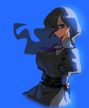 1girl arms_behind_back bags_under_eyes ball_earrings belt black_belt black_dress black_hair blue_background breasts dress earrings floating_hair hair_between_eyes hex_maniac_(pokemon) hex_maniac_(pokemon_legends:_z-a) jewelry juliet_sleeves large_breasts long_hair long_sleeves looking_at_viewer nintendo parted_lips pokemon pokemon_legends:_z-a puffy_sleeves purple_eyes raine_(acke2445) shaded_face simple_background solo