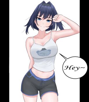 1girl absurdres arm_behind_back black_hairband black_shorts blue_eyes blue_hair breasts collarbone commentary crop_top english_commentary gym_shorts hairband highres hololive looking_at_viewer medium_hair midriff navel ouro_kronii print_tank_top shorts simple_background smile solo speech_bubble tank_top virtual_youtuber vvtoll white_background white_tank_top