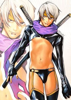 1boy awesome_(nifast_(greentail)) black_eyes black_shrug fingerless_gloves fingernails gloves headband highres katana looking_at_viewer male_focus mole mole_on_stomach navel nifast_(greentail) nostrils obata_takeshi_(style) original purple_scarf scarf short_hair shrug_(clothing) smile snakebite_(piercing) solo sword underpec upper_body weapon white_hair yellow_headband zoom_layer