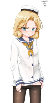 Rule 34 | 1girl, absurdres, anchor necklace, anchor ornament, black pantyhose, blonde hair, blue eyes, blue sailor collar, buttons, clothes pull, commentary request, cosplay, cowboy shot, dated, dress, highres, janus (kancolle), jewelry, kantai collection, long shirt, long sleeves, lowleg, lowleg pantyhose, maru (marg0613), neckerchief, necklace, no pants, one-hour drawing challenge, panties, pantyhose, pantyhose pull, sailor collar, sailor dress, sailor shirt, shirt, short dress, short hair, simple background, solo, standing, tokitsukaze (kancolle), tokitsukaze (kancolle) (cosplay), underwear, white background, white panties, yellow neckerchief