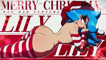 1girl ass ass_blush back blue_hair breasts character_name christmas commentary copyright_name detached_sleeves english_commentary english_text fur-trimmed_sleeves fur_trim hand_on_own_cheek hand_on_own_face hat head_rest japsyi lily_(rad_mad_venture) long_hair looking_at_viewer looking_back looking_to_the_side lying merry_christmas no_bra no_panties no_pants nude on_stomach original pink_eyes rad_mad_venture red_sleeves red_thighhighs santa_hat shiny_skin shoulder_blush simple_background socks solo striped_clothes striped_thighhighs thighhighs white_sleeves white_thighhighs