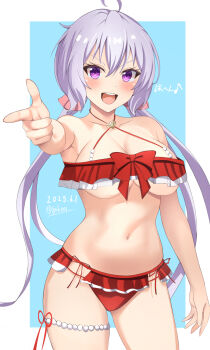 1girl ahoge bikini blue_background border breasts commentary cowboy_shot dated dolphin_wave finger_gun frilled_bikini frills grey_hair highres large_breasts long_hair navel official_alternate_costume oilen0731 open_mouth purple_eyes red_bikini senki_zesshou_symphogear solo stomach swimsuit thigh_strap thighs twitter_username underboob white_border yukine_chris