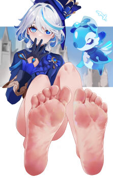 1girl absurdres ascot black_gloves blue_ascot blue_eyes blue_hair blue_headwear blue_jacket drop_shaped_pupils feet foot_focus furina_(genshin_impact) furina_genshin_impact genshin_impact gloves hat he_c92 heterochromia highres jacket long_sleeves looking_at_viewer multicolored_hair smile soles solo streaked_hair top_hat white_hair