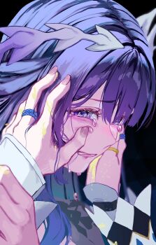 2girls absurdres black_background cerydra_(honkai:_star_rail) crying crying_with_eyes_open hair_ornament hashtag-only_commentary highres honkai:_star_rail honkai_(series) hysilens_(honkai:_star_rail) jewelry multiple_girls purple_eyes purple_hair ring solo_focus tears wapi_(p2api)