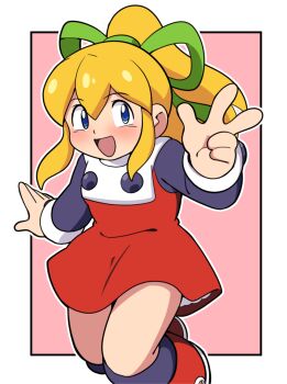 1girl android blonde_hair blue_eyes blush boots capcom dress green_ribbon hair_ribbon high_ponytail jumping long_hair long_sleeves looking_at_viewer mega_man_(classic) mega_man_(series) open_mouth pink_background ponytail red_boots red_dress ribbon robot roll_(mega_man) smile v yume_yoroi