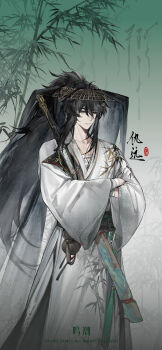 1boy absurdres black_hair chinese_clothes chinese_commentary chinese_hat collarbone commentary_request crossed_arms gourd hair_between_eyes highres holding holding_sword holding_weapon male_focus merchandise_available official_art ponytail qiuyuan_(wuthering_waves) second-party_source secretfj520 solo standing sword weapon wuthering_waves
