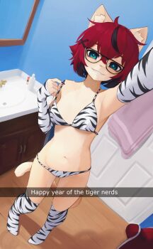 1girl absurdres aeiou_(yoako) animal_ears arm_above_head bathroom bikini black-framed_eyewear blue_eyes blue_nails detached_sleeves fingerless_gloves fingernails furry furry_female glasses gloves grin hair_ornament highres looking_at_viewer multicolored_hair nail_polish original pigeon-toed power_symbol-shaped_pupils red_hair selfie sharp_teeth sink smile solo streaked_hair striped_bikini striped_clothes swimsuit symbol-shaped_pupils tail teeth thighhighs white_bikini white_thighhighs white_tiger_print x_hair_ornament yoako