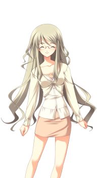 1girl bare_legs breasts brown_dress casual chaos;head clenched_hands closed_eyes collarbone curly_hair dress game_cg glasses green_hair hair_ornament hairpin kusunoki_yua long_hair long_sidelocks long_sleeves matsuo_yukihiro non-web_source official_art round_eyewear science_adventure shirt short_dress sidelocks small_breasts smile sprite sundress transparent_background very_long_hair white_shirt