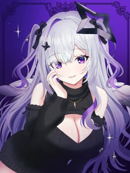 1girl absurdres amane_konata angel_wings black_sweater blush breasts button_gap cleavage cleavage_cutout clothing_cutout commentary halo hand_on_own_cheek hand_on_own_face highres hololive large_breasts looking_at_viewer multicolored_hair purple_eyes riraranran smile solo sparkle star_halo streaked_hair sweater two_side_up virtual_youtuber wings