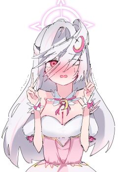 1girl :o alternate_breast_size_(larger) blue_archive breasts bustier cleavage commentary_request covering_face crescent crescent_hair_ornament double_v dress embarrassed gunbam_(breadskyo) hair_intakes hair_ornament halo head_wings highres korean_commentary long_hair looking_at_viewer magical_girl medium_breasts mole mole_under_eye official_alternate_costume pink_dress pink_eyes purple_halo red_eyes shy simple_background single_head_wing solo suzumi_(blue_archive) suzumi_(magical)_(blue_archive) underbust v very_long_hair wavy_hair white_background white_hair wings