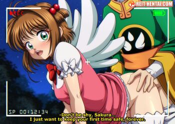 1boy 1girl blush breasts brown_hair cardcaptor_sakura from_behind green_eyes kinomoto_sakura reit sex short_hair