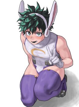 1boy absurdres animal_ear_fluff animal_ears bh20647 blush boku_no_hero_academia commentary_request cosplay crescent_print crossdressing crossdressing_(mtf) embarrassed fake_animal_ears freckles from_above fur_collar gloves green_eyes green_hair heattech_leotard highres leotard looking_at_viewer lower_teeth_only male_focus midoriya_izuku mirko mirko_(cosplay) open_mouth purple_thighhighs rabbit_ears short_hair simple_background sleeveless sleeveless_turtleneck solo squatting superhero_costume taut_leotard teeth thick_thighs thighhighs thighs turtleneck v white_background white_gloves white_leotard
