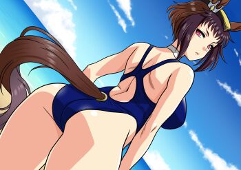 1girl animal_ears ass beach black_hair blue_one-piece_swimsuit breasts brown_eyes byerley_turk_(umamusume) choker commentary_request competition_swimsuit dutch_angle from_behind highres horizon horse_ears horse_girl horse_tail large_breasts looking_at_viewer looking_back multicolored_hair ocean one-piece_swimsuit racerback red_eyes short_hair solo swimsuit tail two-tone_hair umamusume white_choker yuuyuu_(3jjbn)