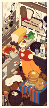 1girl bag baguette ball barrel blonde_hair bottle bread burger chair cheese cheese_trail clover coffee_mug coffee_pot commentary_request crate cup cupcake dog eating egg_(food) english_text food fork four-leaf_clover french_fries from_above fruit gloves heart holding holding_food holding_pizza indoors isometric jitome lemon long_hair milk_bottle mug mushroom_hat original pancake pancake_stack pantyhose pizza plant pointy_ears potted_plant pudding puti_devil salad sausage shirt sign striped_clothes striped_legwear striped_pantyhose sunny_side_up_egg tile_floor tiles white_gloves white_shirt window