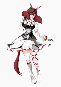 1girl absurdres animal_ears black_dress black_eyes boots bow bowtie breasts brown_hair buttons closed_mouth commentary dress ear_covers english_commentary highres horse_ears horse_girl horse_tail long_sleeves looking_at_viewer medium_breasts medium_hair multicolored_hair nice_nature_(poinsettia_ribbon)_(umamusume) nice_nature_(umamusume) ringring_(artist) simple_background solo streaked_hair striped_bow striped_bowtie striped_clothes tail twintails umamusume white_background