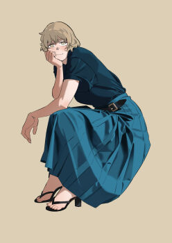 1girl alternate_costume blonde_hair blue_shirt blue_skirt brown_background commentary_request contemporary daki_daily dungeon_meshi falin_touden full_body high_heels highres invisible_chair korean_commentary long_skirt looking_at_viewer shirt short_hair simple_background sitting skirt solo