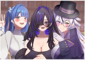 3girls arcana_(nikke) bags_under_eyes black-framed_eyewear black_dress black_hair blue_eyes blue_hair blush braid breasts cleavage colored_inner_hair commentary_request dress ear_piercing earrings glasses gloves goddess_of_victory:_nikke grey_eyes grey_hair hair_ornament hair_over_one_eye hat heterochromia jewelry label_(nikke) large_breasts long_hair long_sleeves looking_at_viewer mojyo mole mole_on_breast monocle multicolored_hair multiple_girls nervous_smile one_side_up phantom_(nikke) piercing purple_eyes purple_hair side_ponytail smile streaked_hair top_hat two-tone_hair v white_dress white_gloves yellow_eyes yutolapin zipper_dress